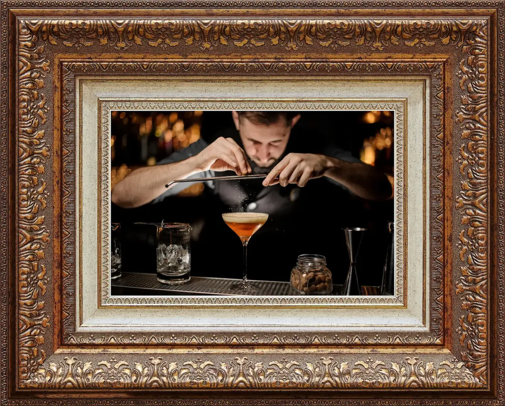 Image of a bartender hired for a party presenting a cocktail